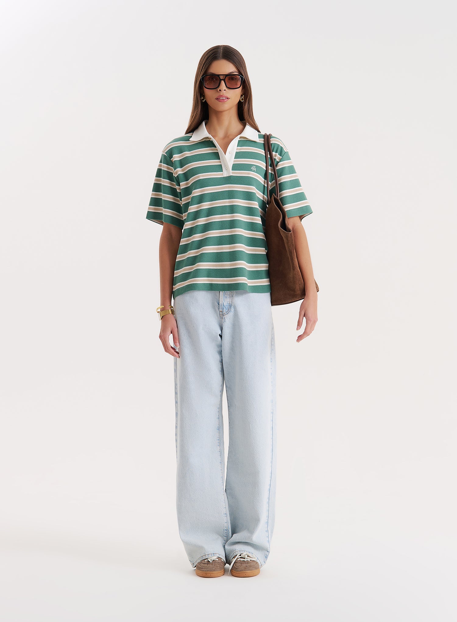 Green Stripe Short Sleeve Polo Top